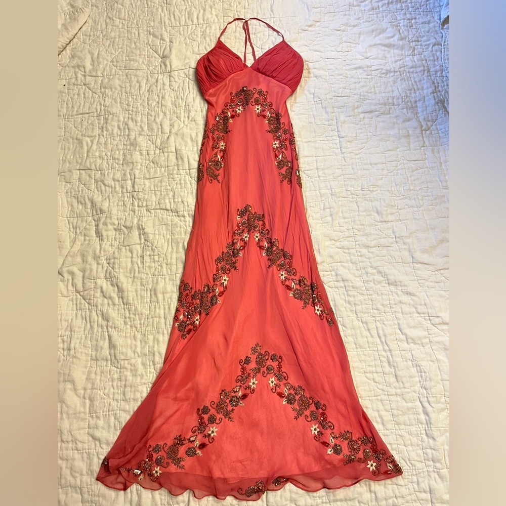 Vintage 90s 100% Silk Bead Dress Silk Dress Floral Prom Dress Fairy Cottage Pink - Picture 16 of 17